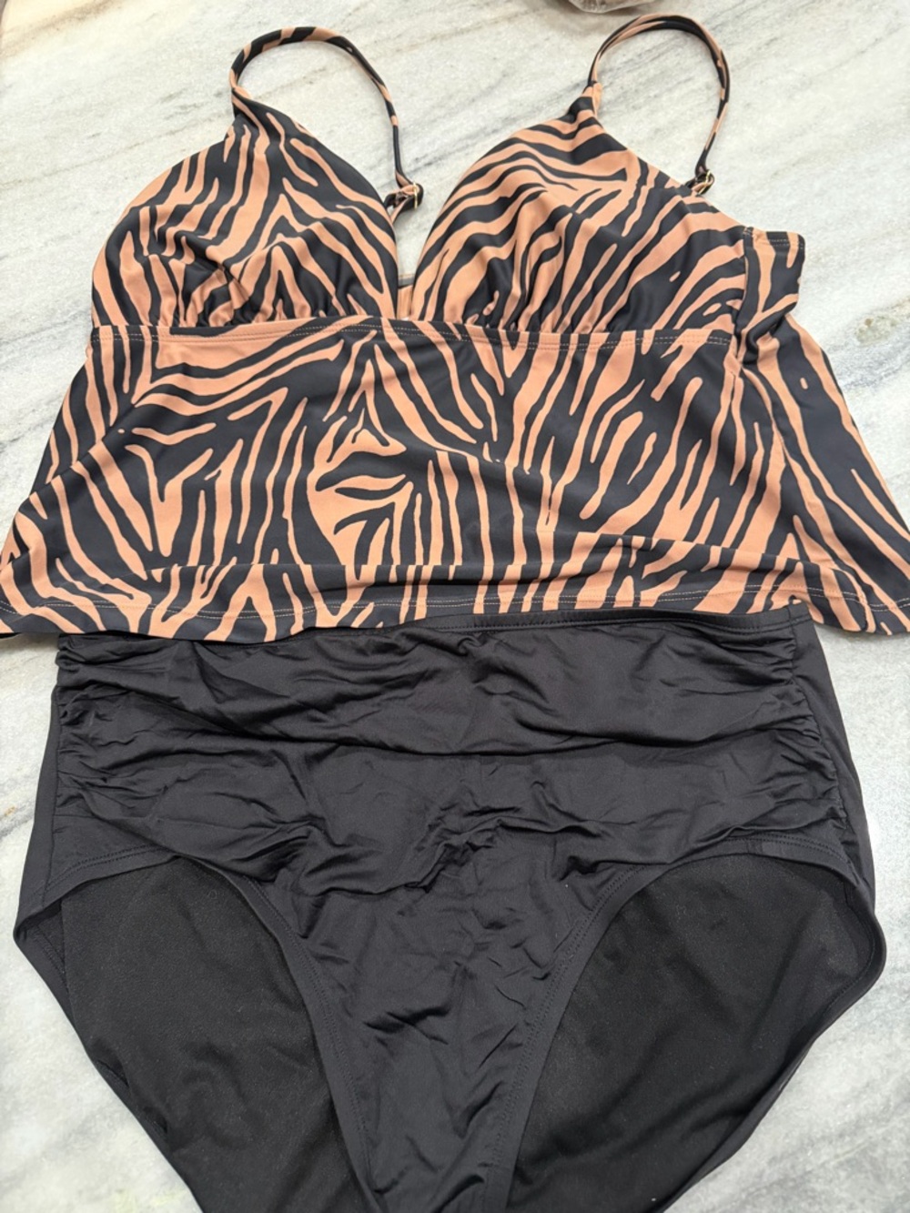 Animal Print Tankini Top with Black High-Waist Bottoms